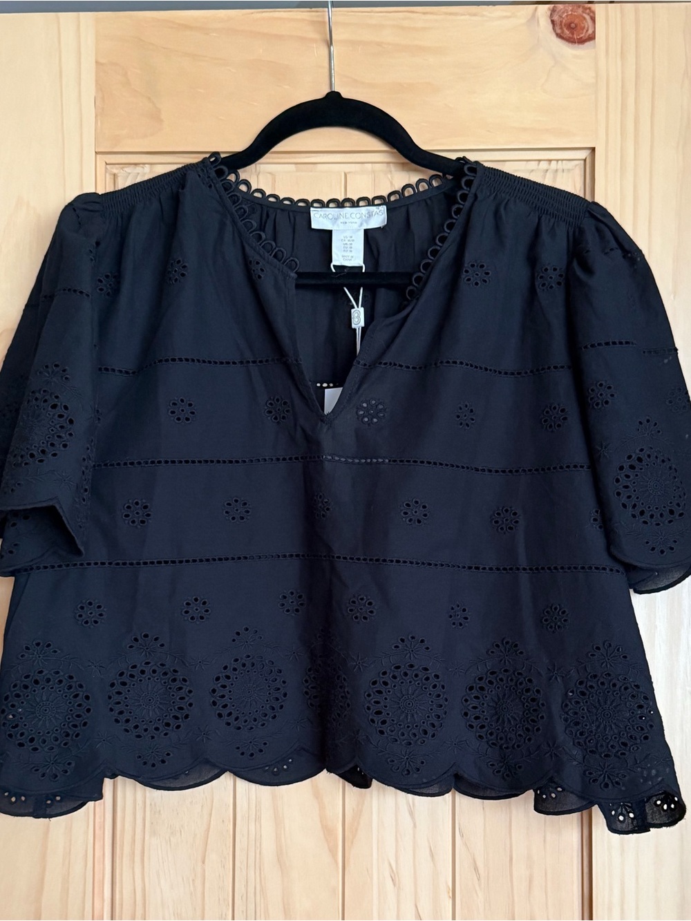 NWT Caroline Constas Black Eyelet Blouse Cotton V-Neck Short Sleeve Lightweight